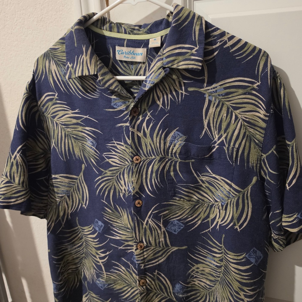 Caribbean Pure Silk Palm Leaf Tropical Short Sleeve Button Down Shirt Mens M